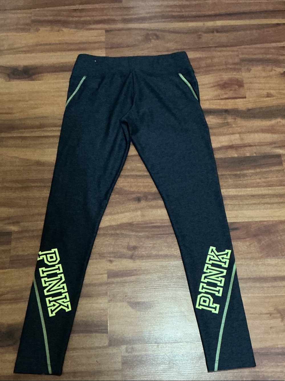PINK Victoria's Secret Black Leggings with Neon Yellow Logo Accents small women